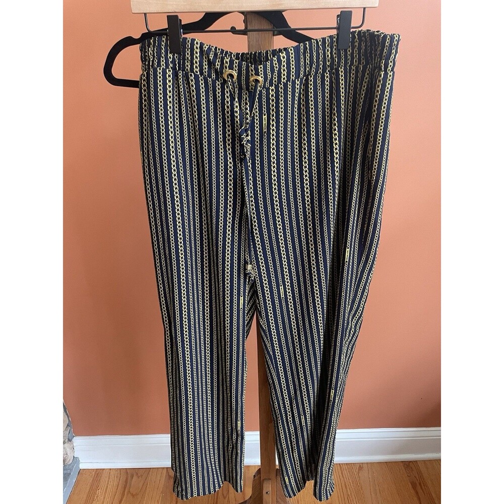 Michael Michael Kors Chain Print Straight Leg Pants L Large Navy Gold Pull On
